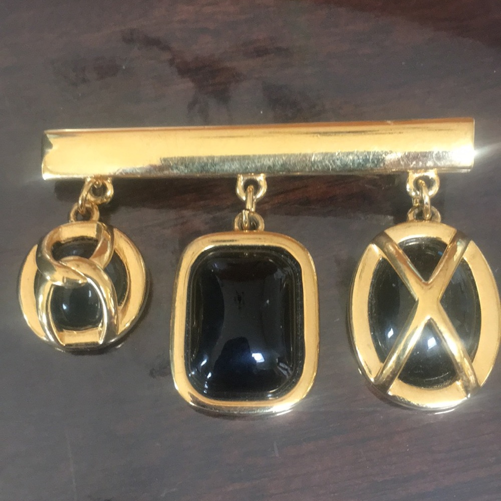 Napier Faux Black Onyx & Gold Toned Bar Brooch/Pin